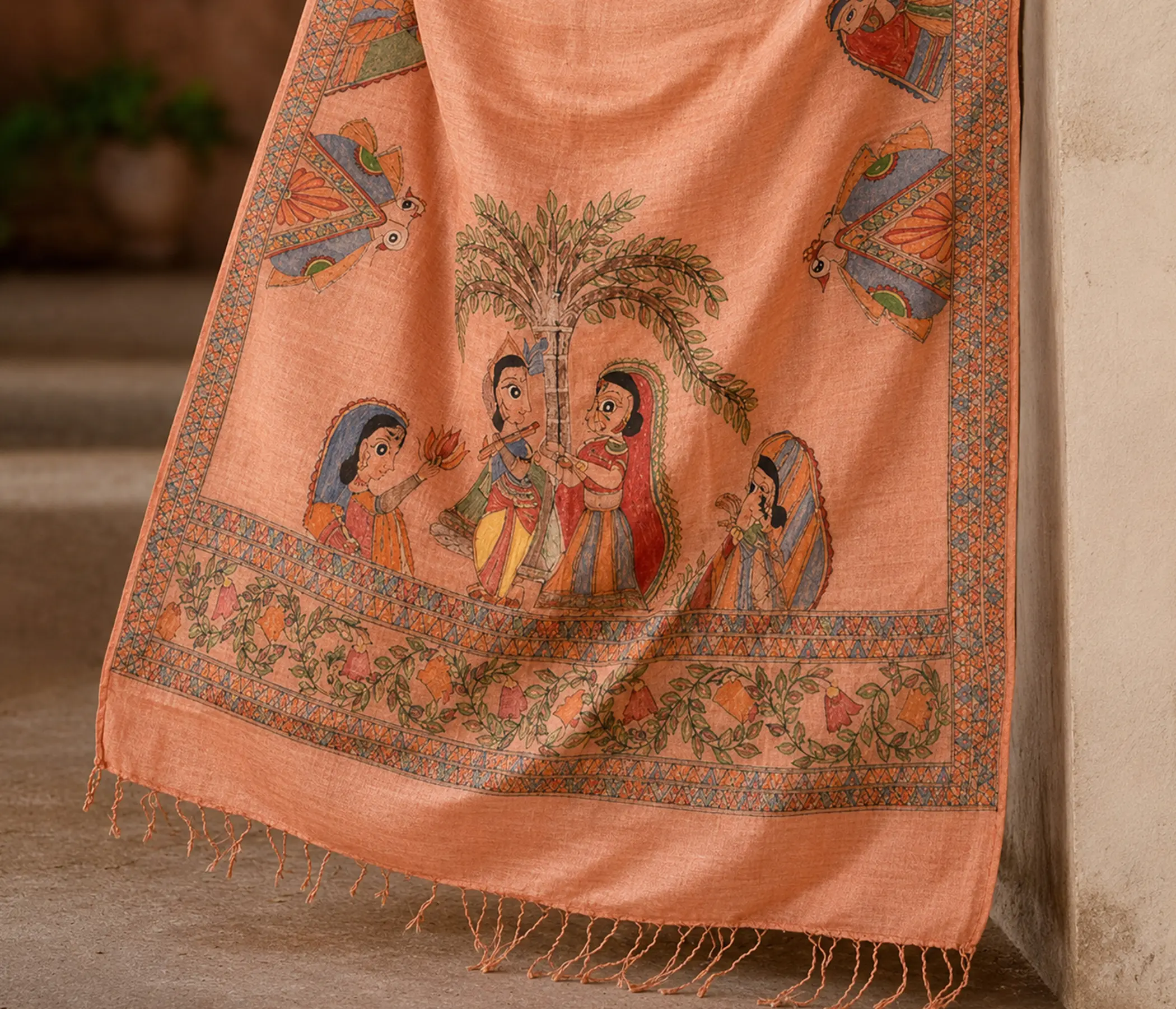 Madhubani Hand-painted Salmon Tussar Silk Dupatta